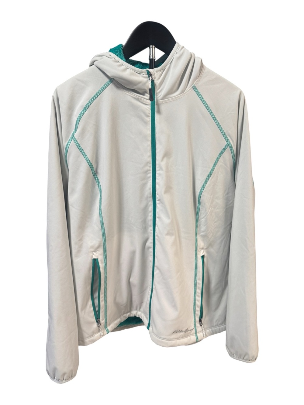 Eddie Bauer Light Gray Active Hooded Jacket with Teal Trim